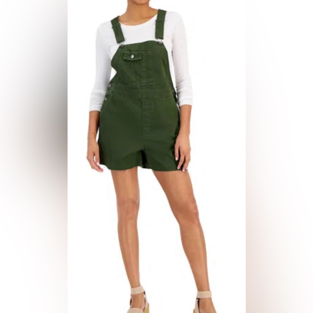 Tinseltown Raw Hem Denim Cotton Shortall Overalls In Green Size XS